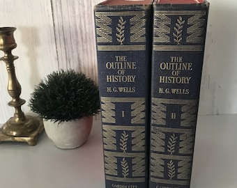 Antique Book, The Outline of History by HG Wells, Garden City Books 2 Volumes 1949 Edition, Beautiful Book, Vintage Book, Library Decor