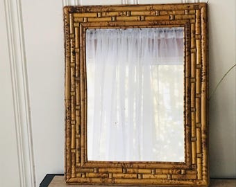 Vintage Burnt Bamboo Wall Mirror, Tortoise Shell Mosaic, 20x16