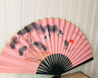 Vintage Pink Large Folding Fan, Giant Hand Painted Fabric Fan, Asian Floral Wall Hanging