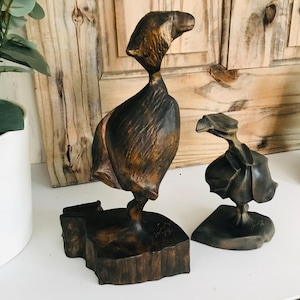 Set of 2 Wooden Hand Carved Bird Sculpture, Signed Wood Art Figure, Abstract Wooden Bird Lovers, Bird Statue, Home Decoration, Farmhouse,