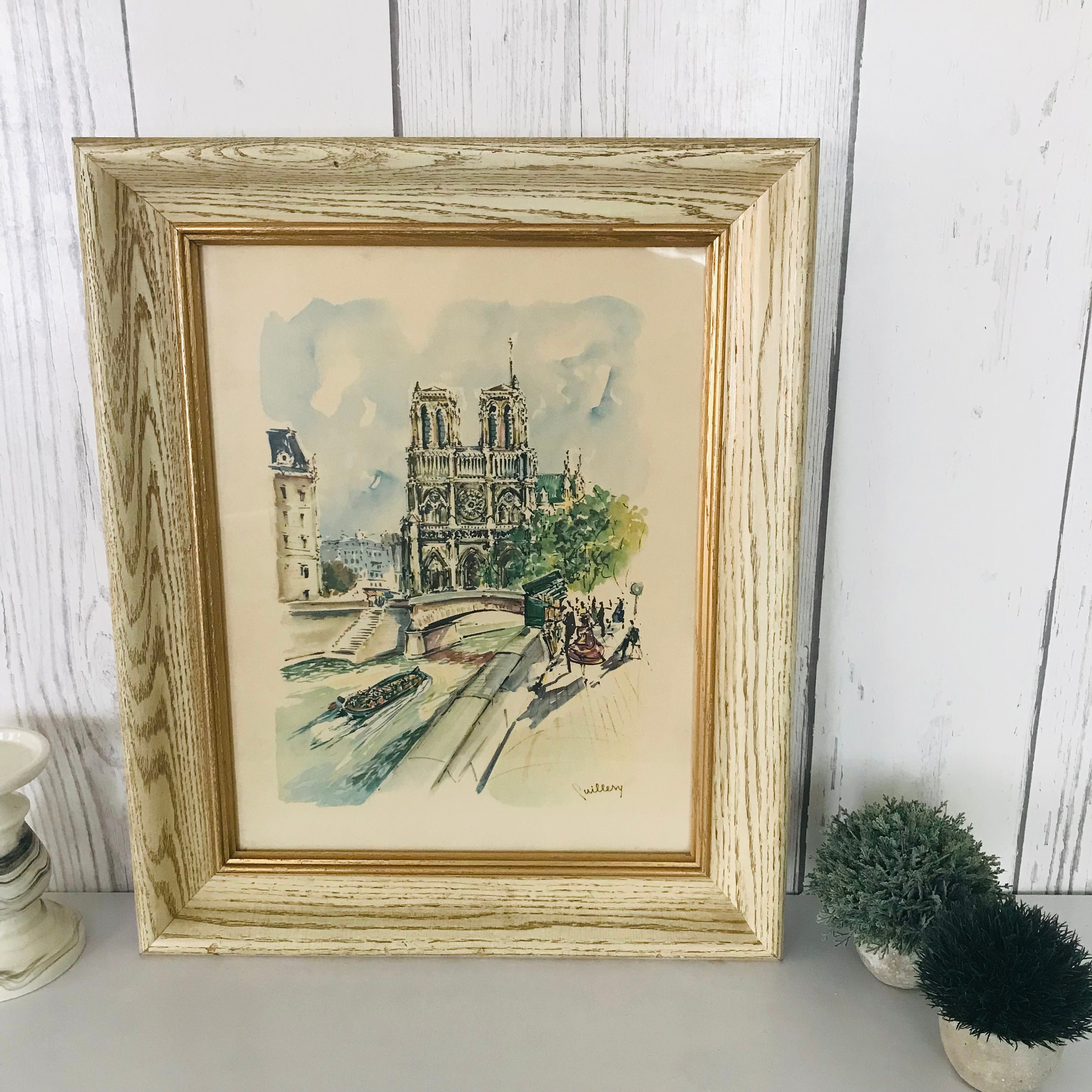 かわいすぎ〜！ヴィンテージ水彩画 Notre-Dame 1958 Puillery Watercolor Painting Paris Notre Dame, Signed Framed
