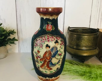 Vintage Chinese Porcelain Satsuma Style Vase-Hand Painted Oriental Vase, Fine Art Ceramics, Gold Gilt Paint Vase, Home Decor, Asian Artwork