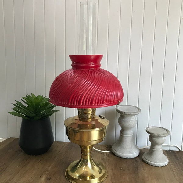 Aladdin Brass Oil Lamp, Vinrage Red Shade Aladdin Lamp, Kerosene Brass Oil Lamp, Electric Oil lamp, Farmhouse Decor, Boho Style