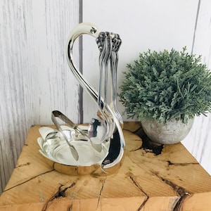 Vintage Silver Plated Swan Condiment Glass Insert, Condiment Spoon Holder, Bird Shaped Dish, Coffee Spoon and Square of Sugar Serving Tongs