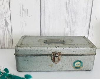 boîte en acier vintage Waterite, coffre utilitaire en acier Union, Corp Leroy NY, boîte à outils vintage, boîte de couleur argent antique, décoration rustique