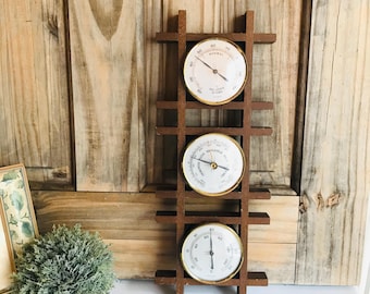 Vintage Thermometer Barometer, Mid Century Wood Wall Weather Station, West Germany