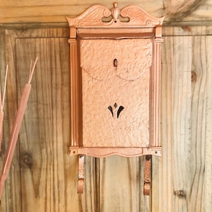 May include: A copper-colored mailbox with a decorative floral pattern and a keyhole. The mailbox has a rectangular shape with a curved top and is mounted on a wooden door. The mailbox has two decorative straps.