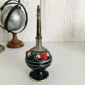 Vintage Morrocan Clay Perfume Bottle,  Ornate Overlay Cobalt Red Glazed Perfume Bottle, Hand Crafted Rose Water Perfume Bottle 8&#39;&#39;