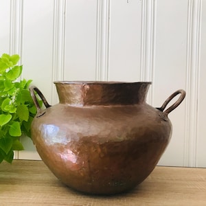 Vaso de cobre antigo, vaso grande vintage martelado, caldeirão rústico francês, 30 x 40 cm