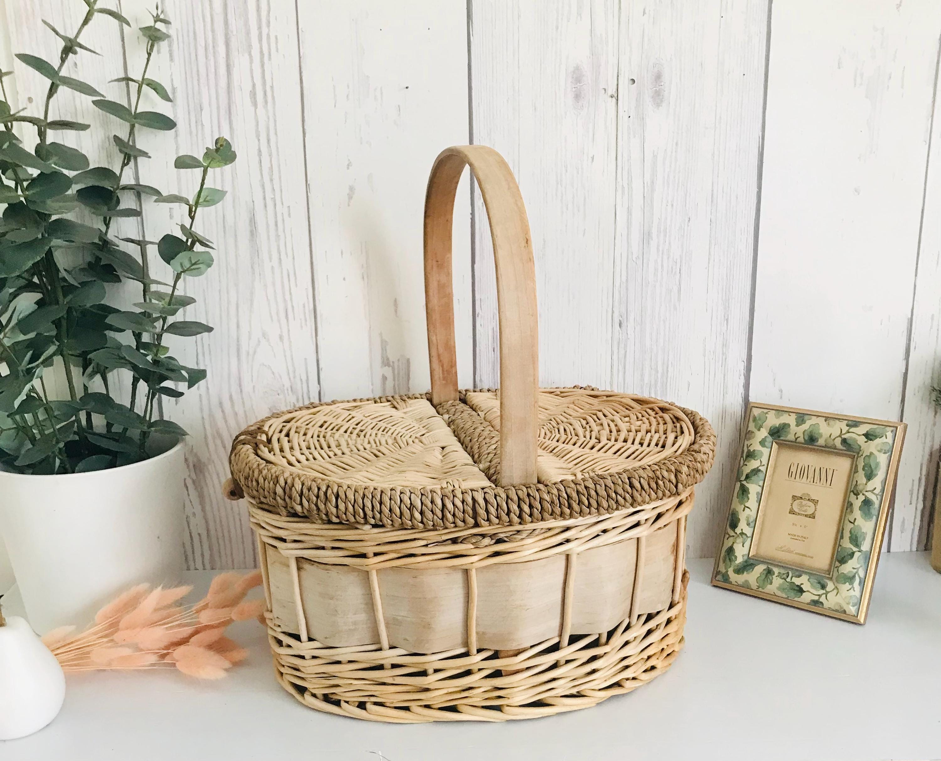 ヴィンテージ編み籐ピクニックバスケット、両面蓋付きバスケット、木と