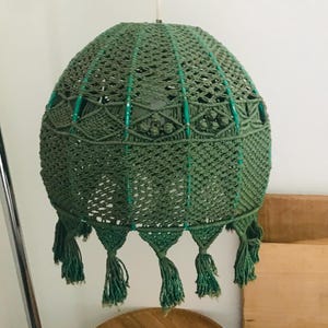 Vintage Green Crochet Lampshade, Macrame Hanging Light, Ceiling Lamp, Shabby Chic, Boho Decor, 14''x 12''