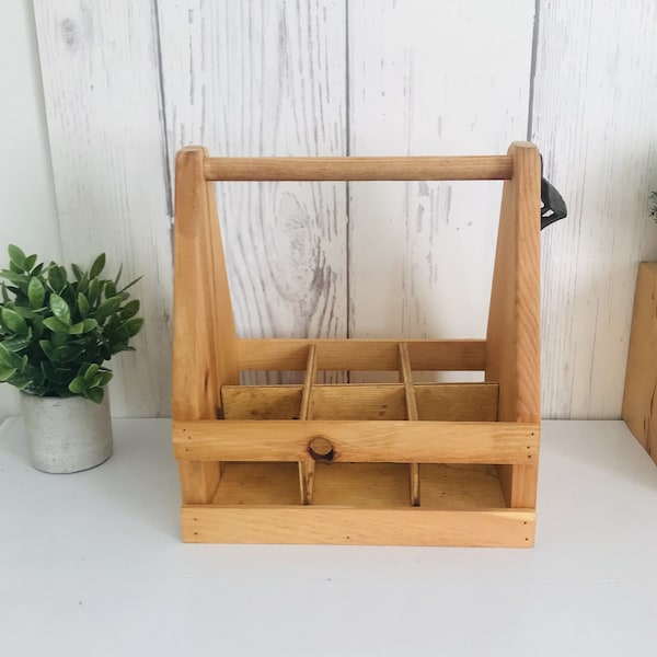 Vintage Wooden Beer Caddy, Wood Crate, Six Pack Bottle Carrier, Cast Iron Bottle Opener, Bottle Organizer, Removable Partitions Crate