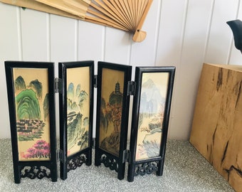 Vintage Chinese Hand Painted Signed Folding Screen, Wooden Tabletop Miniature Silk 4 Panel Screen, Chinese Fine Art,  Mini Oriental Decor