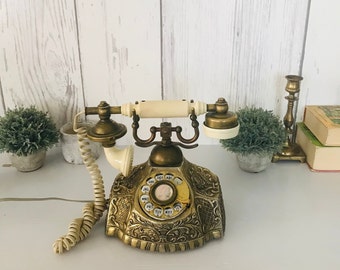 1970 Hollywood Regency Rotary Telephone, Antique Phone, Vintage Brass Rotary Dial Phone Retro Style Antique Telephone Collectible Decor