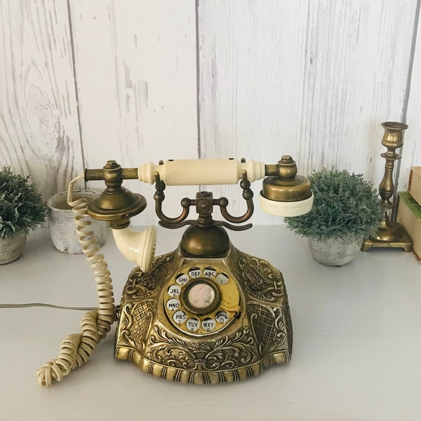 1970 Hollywood Regency Rotary Telephone, Antique Phone, Vintage Brass Rotary Dial Phone Retro Style Antique Telephone Collectible Decor