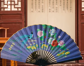 Large Vintage Chinese Wall Fan, Huge Hand Painted Fabric Folding Fan, Asian Decor 62''