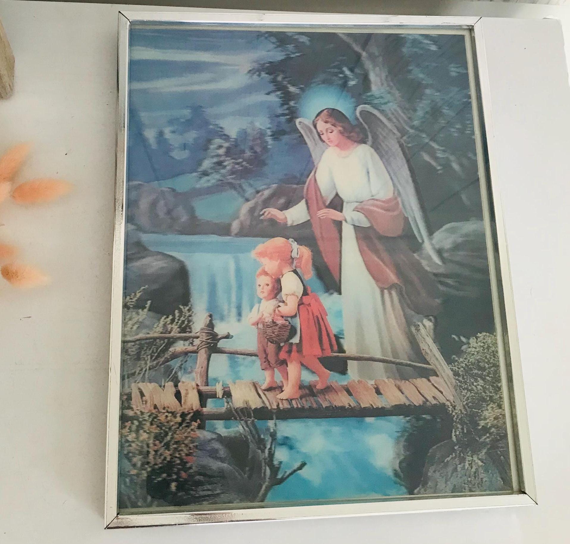 Vintage Hologram Frame, Guardian Angel & Children Crossing Bridge, Wonder Co. Lenticular 3D Hologram Print Framed, 3D Frame 14'' x11''
