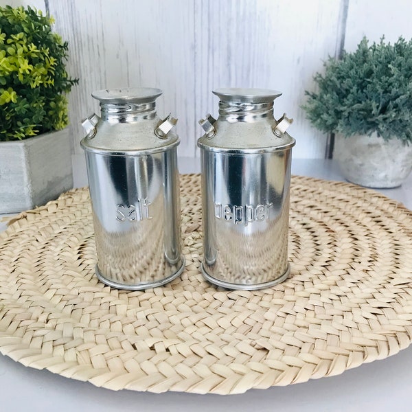 Vintage Milk Can Salt and PepperShakers, Stainless Shakers, Brown Milk Can Shakers, Kitchen Decor, Spice, Food, Rustic, Farmhouse, Picnic