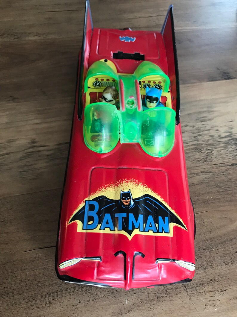 Rare Vintage 1960 Batman and Robin Red Tin Batmobile Aoshin 11, Rare Tin Toy, Collectible Batman