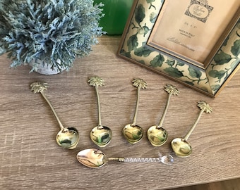 Zestaw złotych łyżek palmowych, mosiężne sztućce tropikalne, Hollywood Regency, mosiężne łyżki, łyżki koktajlowe, dekoracje ogrodowe, łyżki imprezowe