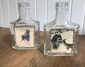 Antique Christmas Decorations Bottle, 1900&#39;s Antique Glass Bottle, Colored Glass, French Country Label Perfume Bottle, Rare Antique Label