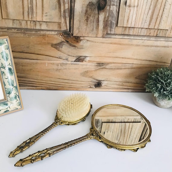 Antique Vanity Set Mirror and Brush Set, Baroque Ornate Gold  display picture 1