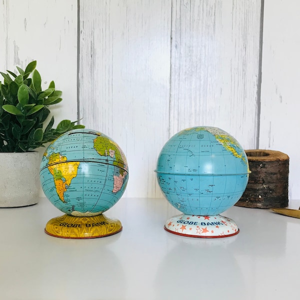 Vintage Coin Bank, World Globe Piggy Bank, Vintage J. Chein & Co. Tin Toy Globe Bank 1930  Bank, Retro Bank, Kids Room Decor, Collectible