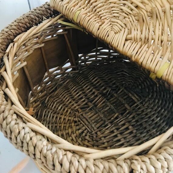 ヴィンテージ編み籐ピクニックバスケット、両面蓋付きバスケット、木と