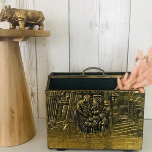 Antique Magazine Rack, Embossed Brass Wood Magazine Holder, Newspaper, English Country Scene, Vintage Home Storage, Regency Box, European
