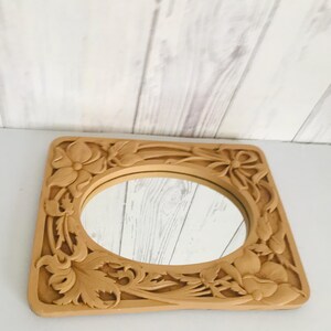 Wooden Hand Carved Mirror, Carved Flowers Mirror, Home Decor, Wood Mirror, Hollywood Regency, Earth Tone Mirror Boho Decor, 16&#39;.5&#39;x12.5&#39;&#39;