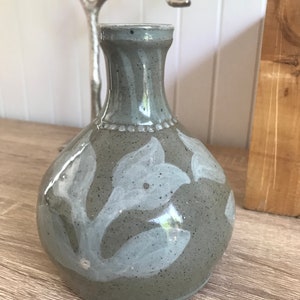 Vintage Grey Ceramic Vase, Signed Quebec Pottery, Folk Art Floral Decor