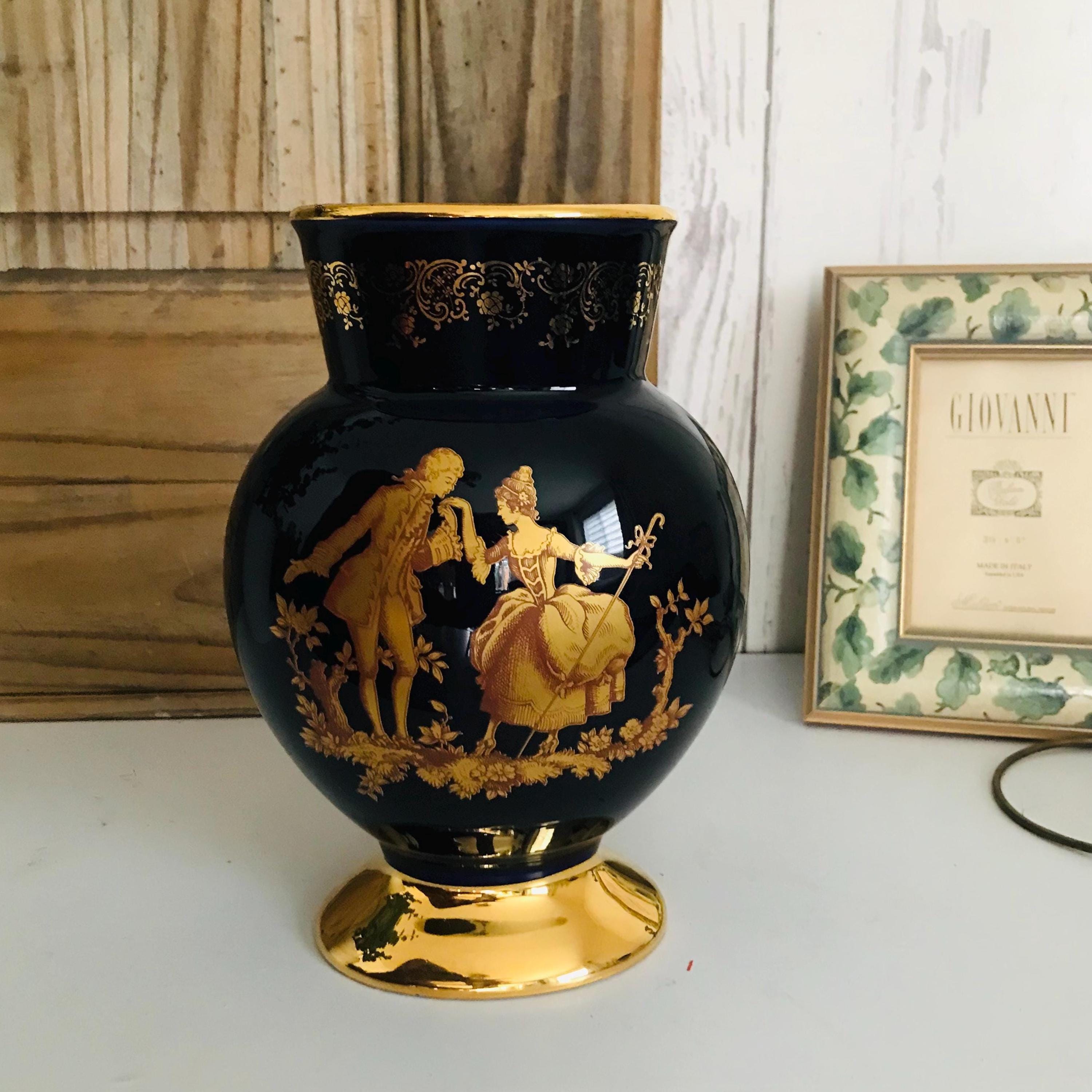 ヴィンテージ リモージュ コバルト花瓶、22K ゴールド、フランス