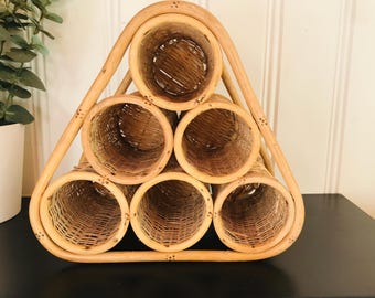 Wicker Wine Bottle Holder, Vintage Sturdy Wicker and Rattan Wine Bottle Rack, Pyramid Shape, Rattan Holder, Country Kitchen, 6 Bottles Rack