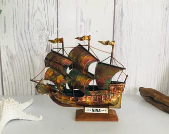 Vintage Nina Copper Boat, Copper Metal 3 Mast Pirate Ship Boat Sculpture Shelf Art Sails Flags, Sailing Ship Schooner Copper Wall Tabletop
