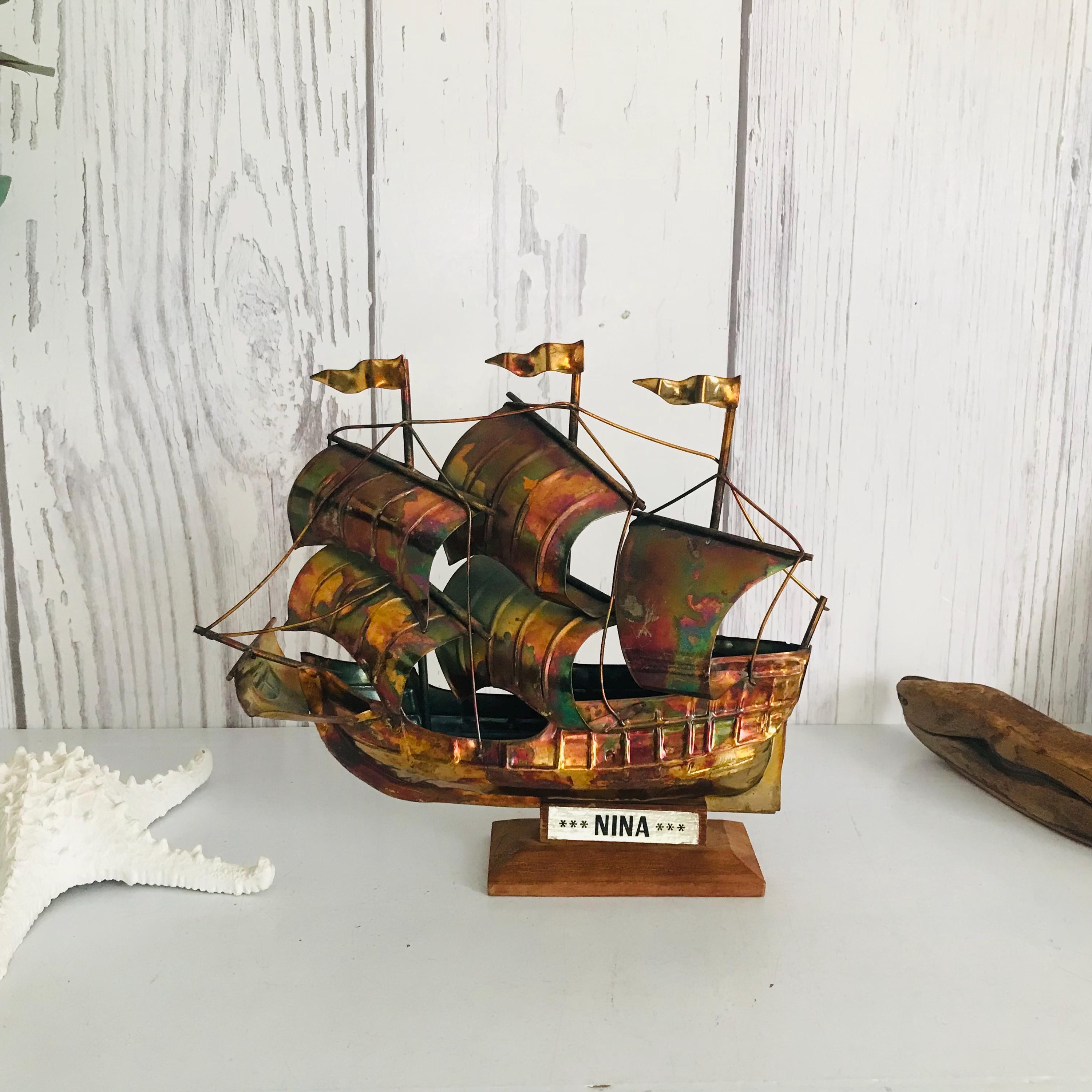 Vintage Nina Copper Boat, Copper Metal 3 Mast Pirate Ship