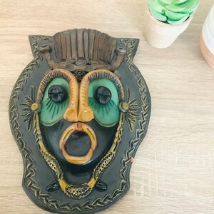 Terra Cotta Mask, Mexican Folk Art, Hand Painted Clay Mask, Colorful Masks, Antique Alchemy, Wall Masks,  Aztec Mayan Mask, Tropical Garden
