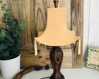 Mid century Asian Style Lamp, Red and Gold Carved Birds Lamp, Tasseled Shade Lamp, Rare Vintage Desk Lamp, China Style Lamp, 23 3/4&#39;&#39; tall