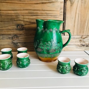 Vintage Hungarian Pottery Miska Jug, Green and Orange Glazed Pitcher 6 Cups
