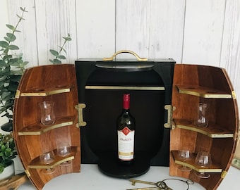 Vintage MCM Wood Whiskey Barrel Bar Hanging Wall Liquor Cabinet Man Cave, Wood Mini Whiskey Barrel Bar Cabinet Countertop/Hanging,