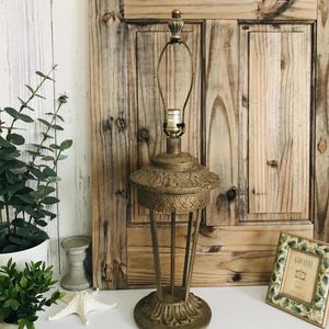 Vintage Old Gold Metal Lamp, Art Nouveau Lamp, Regency Table Lamp, Large Lamp, Home Decor, Farmhouse, Shabby Lamp, Ornate Metal Lamp