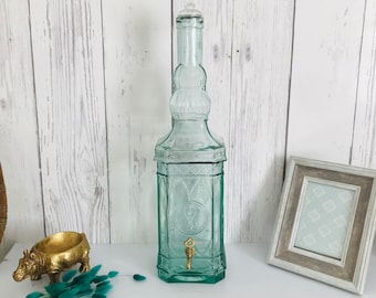 Vintage Glass Jug, XL Beverage Dispenser, Vintage Blue Glass Carafe Wine Decanter Bottle Spain 24'', Square Bottle, Bar Decor, Coastal, Boho