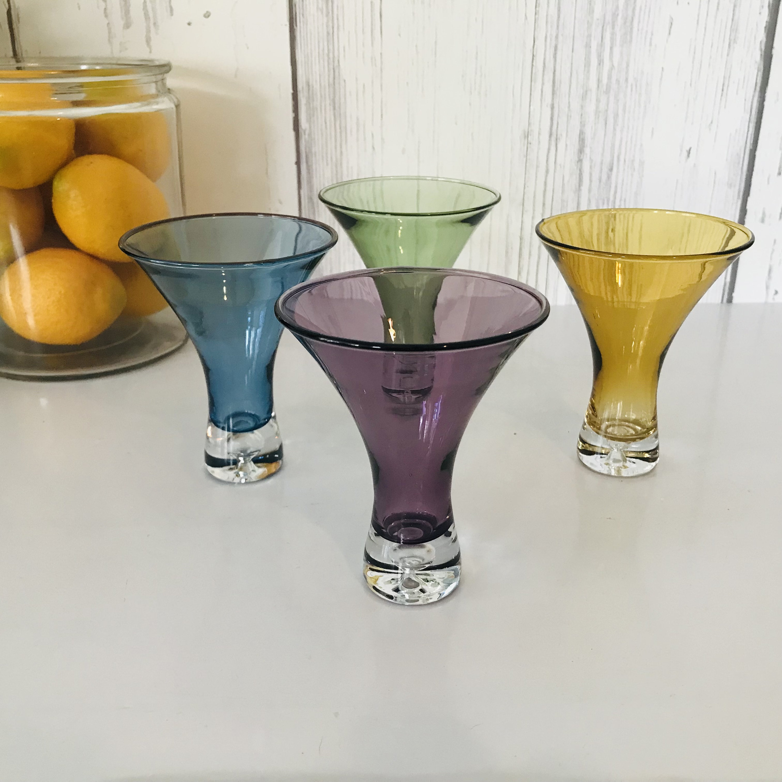 Vintage Cocktail Colored Glass, Artland Liquor Glass,  Blue Purple Green Yellow Martini Glass Bubble Base, Hand Crafted Cocktail Glasses