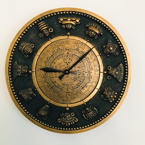 Vintage Mayan Wall Clock Art, Wall Clock Aztec, Pottery Round Clock, Engraved Wall Maya Aztec, 12&#39;&#39; Gold Ceramic Clock Panel, Battery Clock