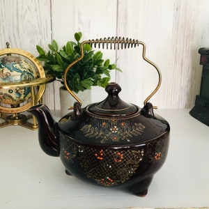 Vintage Japanese Teapot, Footed Brown Gold Gilt Teapot, Ceramic Teapot With Wire Handle, Kitchen Decor, Asian Decor, Japanese, Boho,