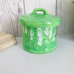 Vintage Franse Poubelle de Table, appelgroen geglazuurde tafelbak, vintage keramische pot met deksel, retro keramische dekselpot, grappig gerecht, keuken