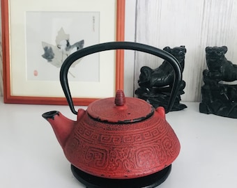 Red Japanese Kettle Cast Iron Teapot Tetsubin Porcupine Decorated, Vintage Japan Teapot with Stand, Kitchen Decor, Asian Decor