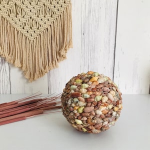 May include: A sphere made entirely of seashells in various shades of brown, beige, and green. The sphere is sitting on a white surface.