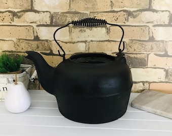 Antique Cast Iron Kettle, Heavy Metal Tea Pot, Kettle Large Cast Iron For Wood Burning Stove, Vintage Kettle, Farm House Kitchen, Rustic
