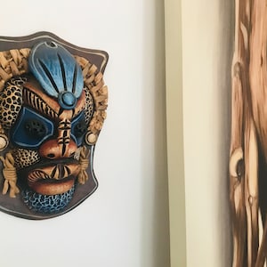 Terra Cotta Mask, Mexican Folk Art, Hand Painted Clay Mask, Colorful Masks, Antique Alchemy, Wall Masks,  Aztec Mayan Mask, Tropical Garden