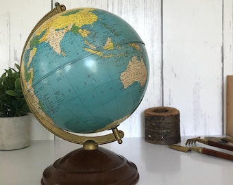 Vintage Replogle Globe, Metal World Globe and Base Cartography by Gustav Brueckman 1951-53, 8''